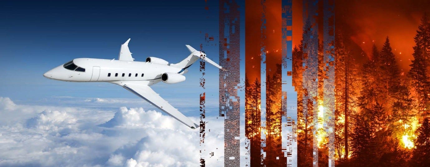 Composite image with a private jet on the left and a forest fire on the right