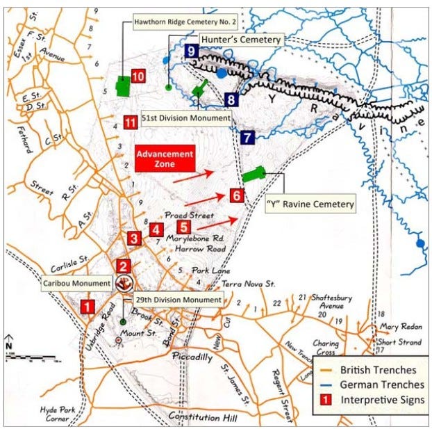 May be an image of map and text that says 'St. 8 Hawthorn Ridge Cemetery No. Essex st Avenue نی Hunter's Cemetery 9 mmm e 10 St. &DSt Fethard 8 51st Division Monument Advancement Zone ら Street 6 "y" Ravine Cemetery 3 ProedStreet Straet 5 Mor Morylebone Rd Harrow Road は小 Caribou Monument Corlisle St 2 Park Lane Terra Nova St. 1 29th Division Monument 2 22 Mount 21 Shaftesbury Avenue 20 New 18 Mary Redan Short Strand Charing HydePark Hyde Park Corner Piccadilly St James St. Constitution Hill British Trenches German Trenches Interpretive Signs Regent Street' May be an image of map and text that says 'St. 8 Hawthorn Ridge Cemetery No. Essex st Avenue نی Hunter's Cemetery 9 mmm e 10 St. &DSt Fethard 8 51st Division Monument Advancement Zone ら Street 6 "y" Ravine Cemetery 3 ProedStreet Straet 5 Mor Morylebone Rd Harrow Road は小 Caribou Monument Corlisle St 2 Park Lane Terra Nova St. 1 29th Division Monument 2 22 Mount 21 Shaftesbury Avenue 20 New 18 Mary Redan Short Strand Charing HydePark Hyde Park Corner Piccadilly St James St. Constitution Hill British Trenches German Trenches Interpretive Signs Regent Street'