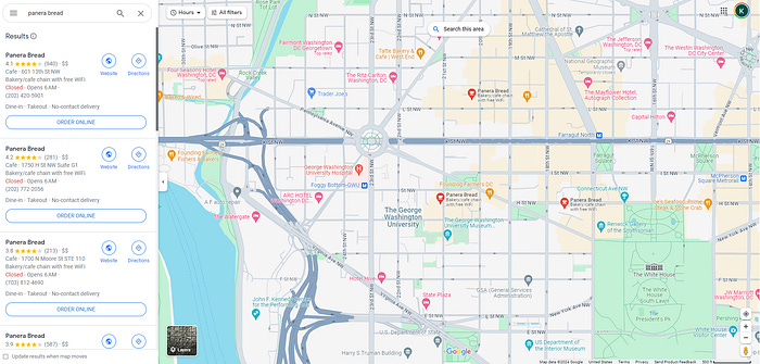 Zooming into a specific area, and only seeing 3 pins related to Panera Bread. Unfortunately, there are a lot of other random pins as well, making it hard to see where the Panera Bread is.