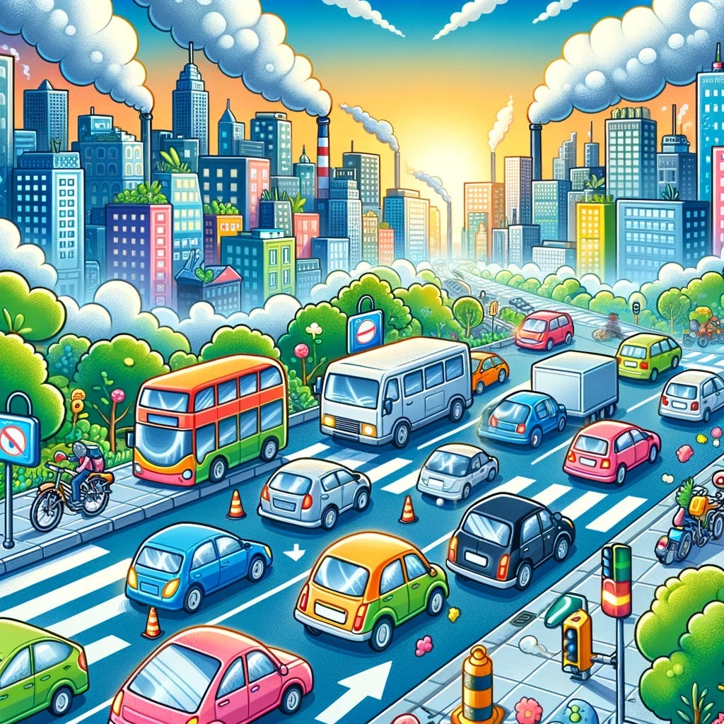 A vivid illustration of a bustling urban street scene depicting a diverse mix of vehicles, including cars, buses, and bicycles, contributing to air pollution. The background showcases a cityscape with visible smog, contrasting with patches of greenery. The image effectively captures the environmental challenges posed by urban traffic and the need for sustainable solutions. This illustration portrays the complex relationship between city life and environmental health.