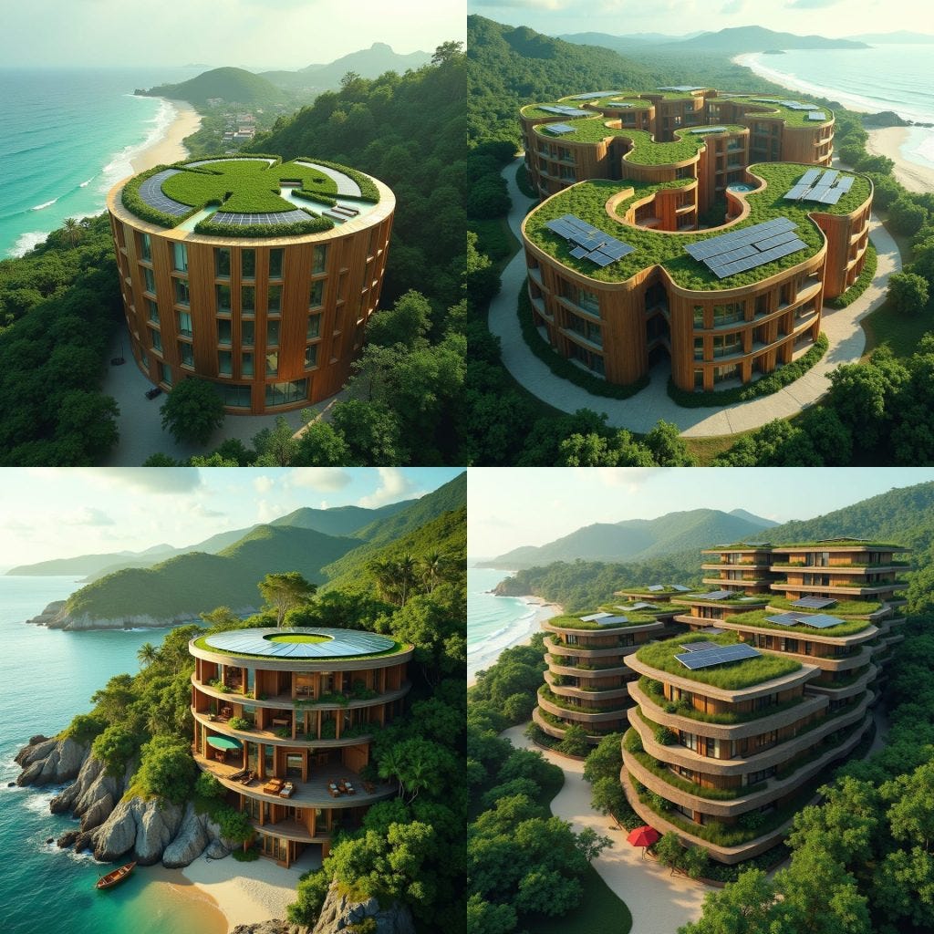 A modern green, sustainable circular complex in Jamaica, designed with natural wood exteriors, is topped with a living green roof to blend with the environment. Solar panels line the roof to harness renewable energy, and water harvesting systems ensure efficient use of natural resources. The circular design allows ample natural light through large glass windows, enhancing energy efficiency while providing panoramic views. Below the residential floors, commercial spaces with shops add convenience and vibrancy to the structure, making it a hub for both locals and tourists. Situated near the beach, this eco-friendly development harmonizes luxury and sustainability with nature.