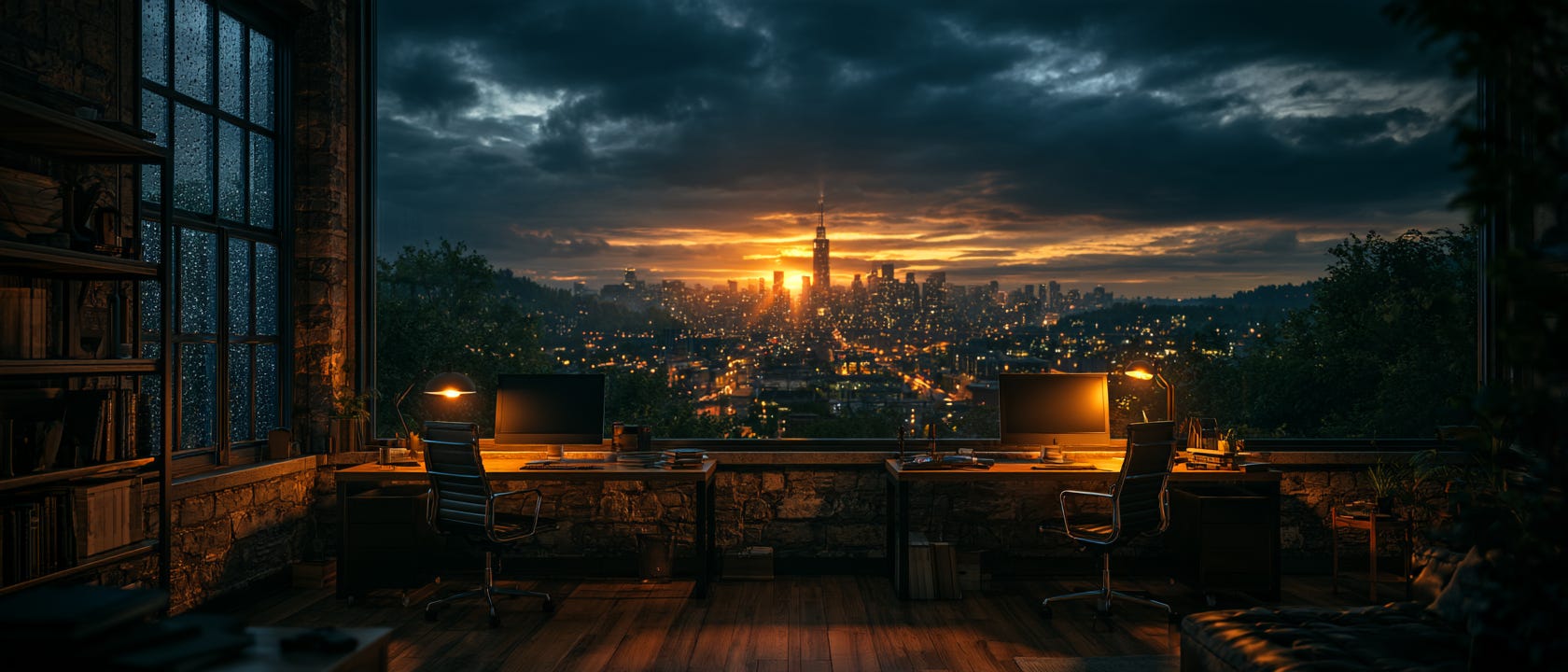 two empty desks facing each other in a dim office at dusk, monitors glowing softly with blank screens two empty desks facing each other in a dim office at dusk, monitors glowing softly with blank screens