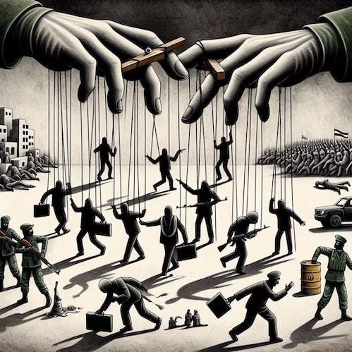 Two looming hands hover above a chaotic scene, each finger adorned with cryptic gears and arcane tools... mechanisms of manipulation. From their fingertips dangle strings that twist and tug at faceless figures below, steering them in conflicting directions. The people move not by will, but by design... puppets in a theater of illusion.  This haunting tableau critiques the absurdity of conventional narratives, exposing how power can be engineered through misinformation, corruption, and institutional control. The gears suggest a hidden machinery - bureaucratic, corporate, or ideological - that turns silently behind the curtain, shaping public perception and policy alike. It's a visual metaphor for the unseen forces that choreograph society's dance, often to the tune of chaos.