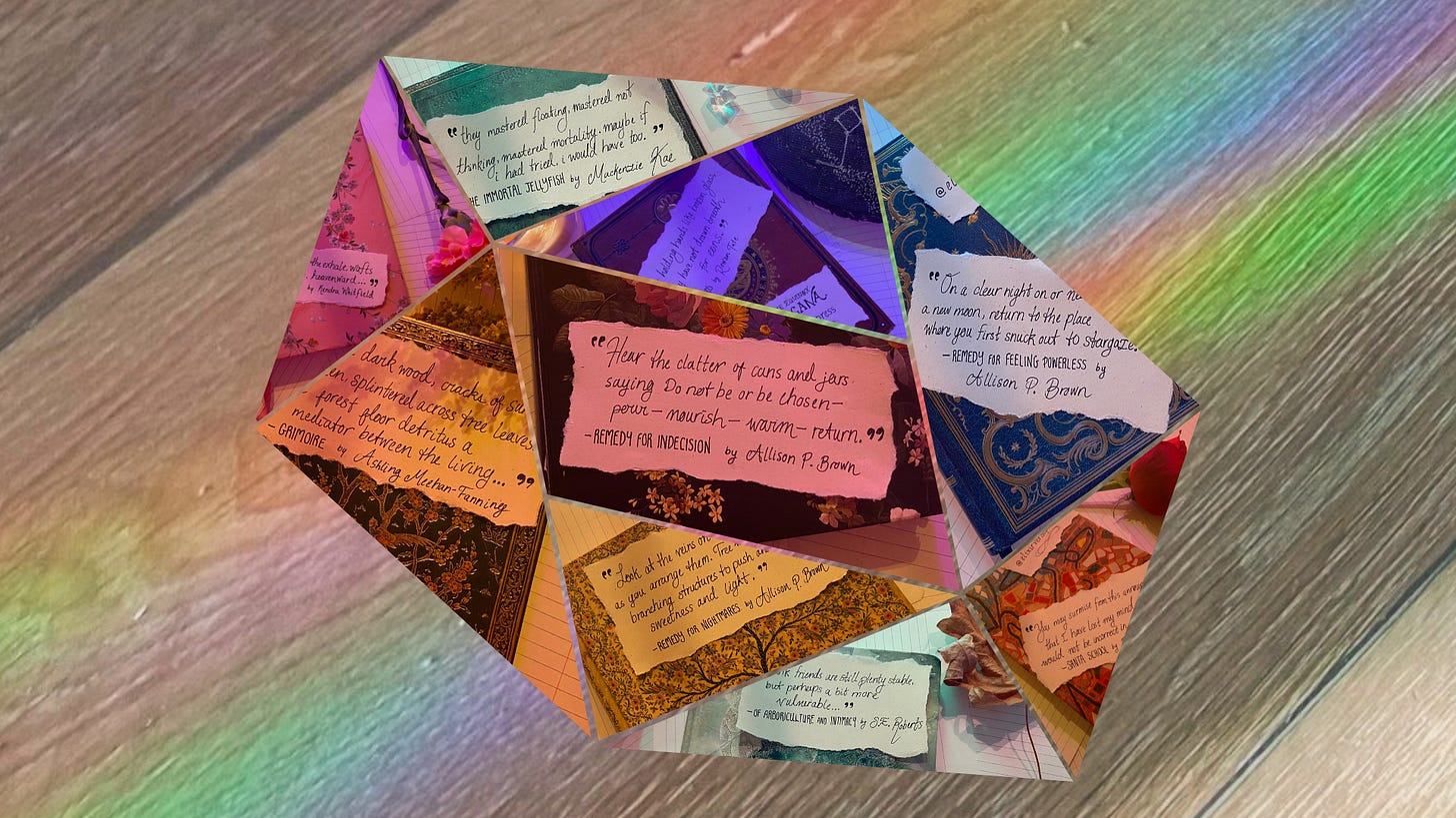 A crystal shaped collage of poetry quotes over a wooden floor with a beam of rainbow light across it