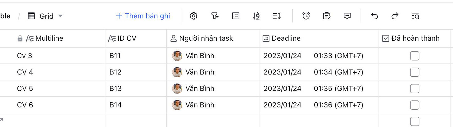 May be an image of text that says 'ble Grid Thêm bản ghi AE Multiline て Cv AEIDCV 三 CV4 B11 g Người nhận task × B12 曲 Deadline CV5 Văn Bình B13 CV6 Văn Bình 2023/01/24 Đã hoàn thành 01:33 (GMT+7) B14 Văn Bình 2023/01/24 01:34 (GMT+7) Văn Bình 2023/01/24 01:35 (GMT+7) 2023/01/24 01:36 (GMT+7)'