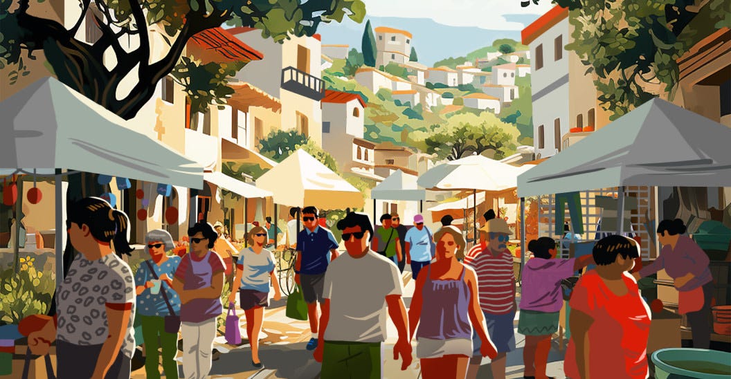 An illustration of a busy community centre with lots of crowd An illustration of a busy community centre with lots of crowd