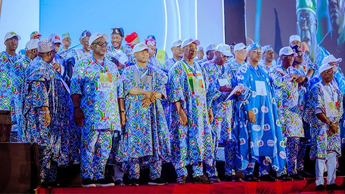 Delta State Governor, Sheriff Oborevwori (second left); Kaduna State Governor and Vice Chairman, APC Governor’s Forum, Senator Uba Sani (third left), Imo State Governor and Chairman, APC Governor’s Forum, Hope Uzodinma (fourth left) and other APC Governor’s during the National convention of the party held at Eagle’s Square, Abuja…recently. PHOTO: BRIPIN ENARUSAI