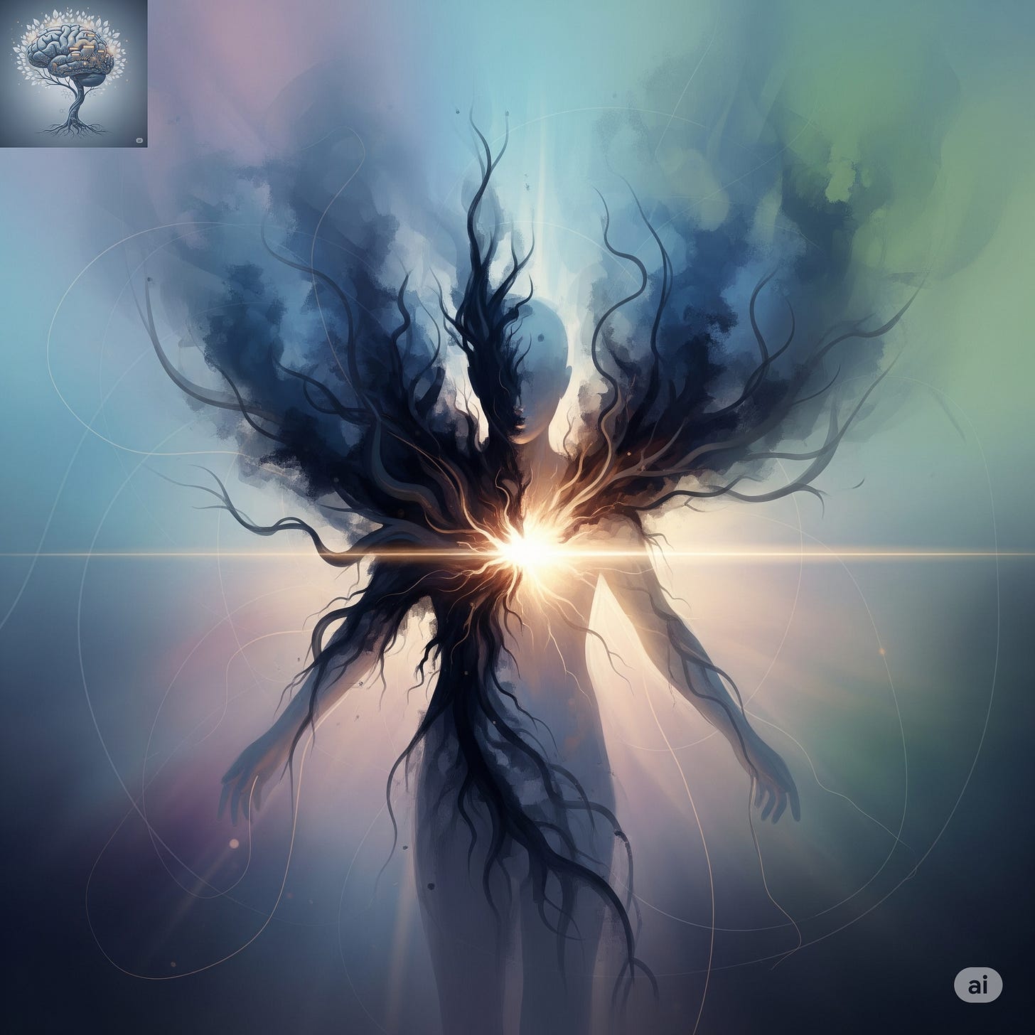 An ethereal figure absorbs dark energy and radiates compassion in a surreal, painterly style. An ethereal figure absorbs dark energy and radiates compassion in a surreal, painterly style.