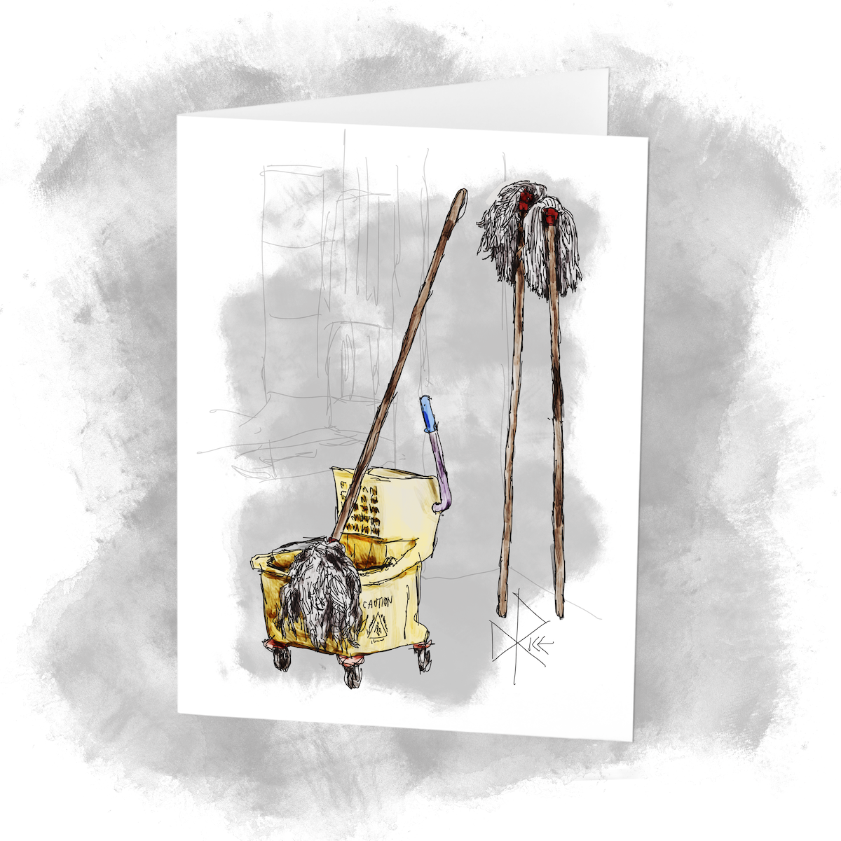 A set of bedraggled coiled cotton string mops and their bucket are stored at the ready in a factory. Sketch art by Don Rice. A set of bedraggled coiled cotton string mops and their bucket are stored at the ready in a factory. Sketch art by Don Rice.