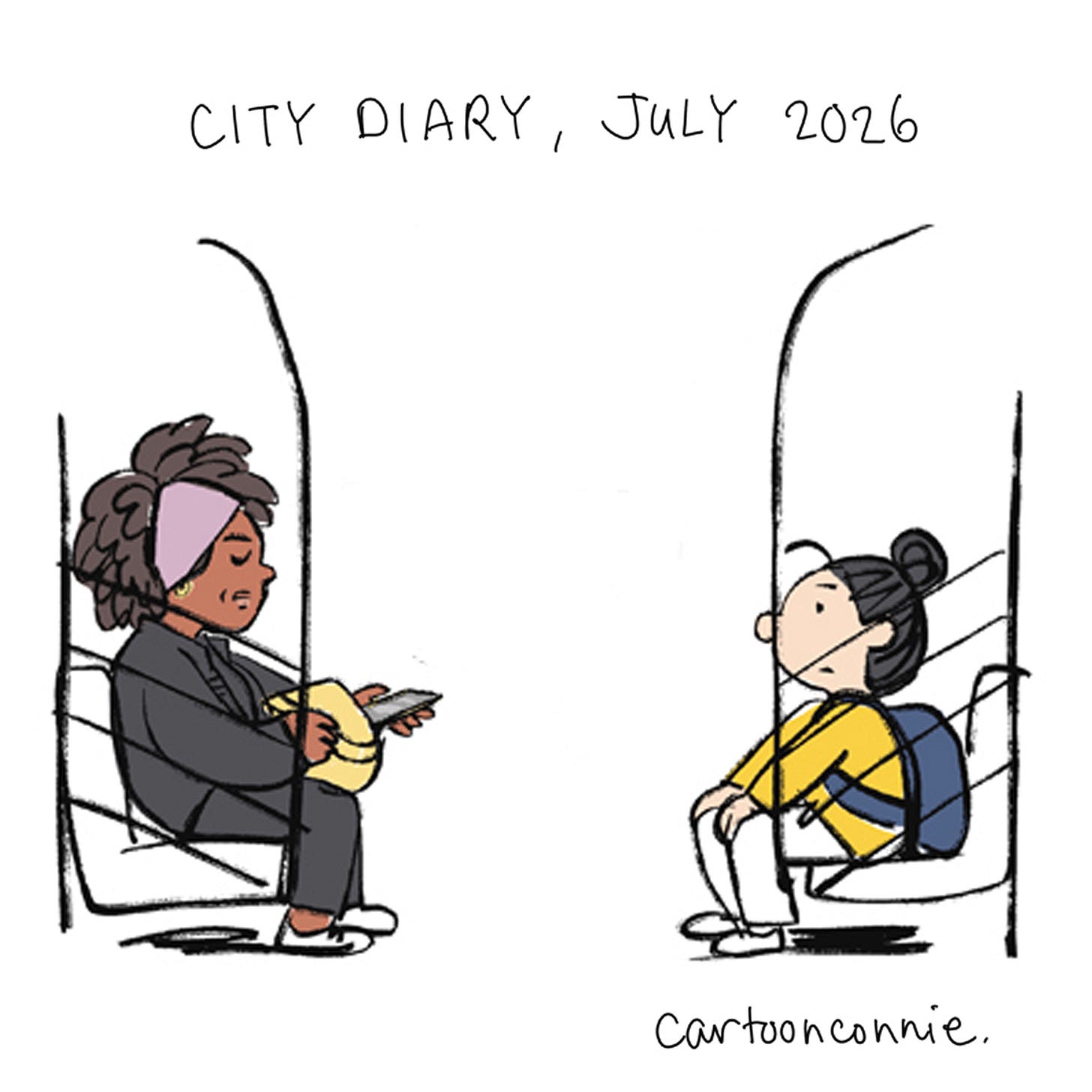 Title page of a two-page diary comic about an encounter on a New York City subway in which Connie meets another Connie. Titled "City Diary, July 2026," by Connie Sun, cartoonconnie.