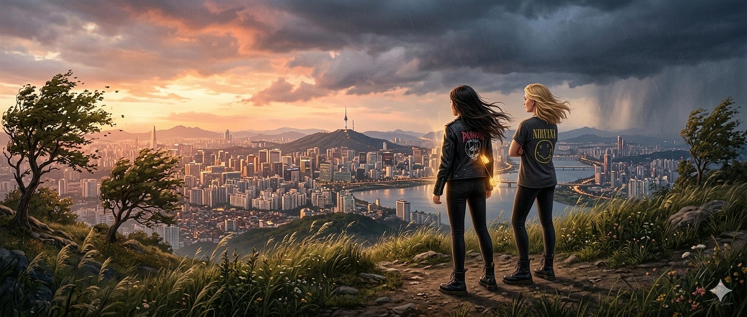 Two teenage girls stand on a grassy hill overlooking the Seoul skyline at sunset. Jia, with long dark hair and glowing amulets, and Zilly, a blonde wearing a Nirvana t-shirt, both dressed in black leggings and boots, watch the city below as storm clouds gather on one side of the sky and golden light breaks through on the other.