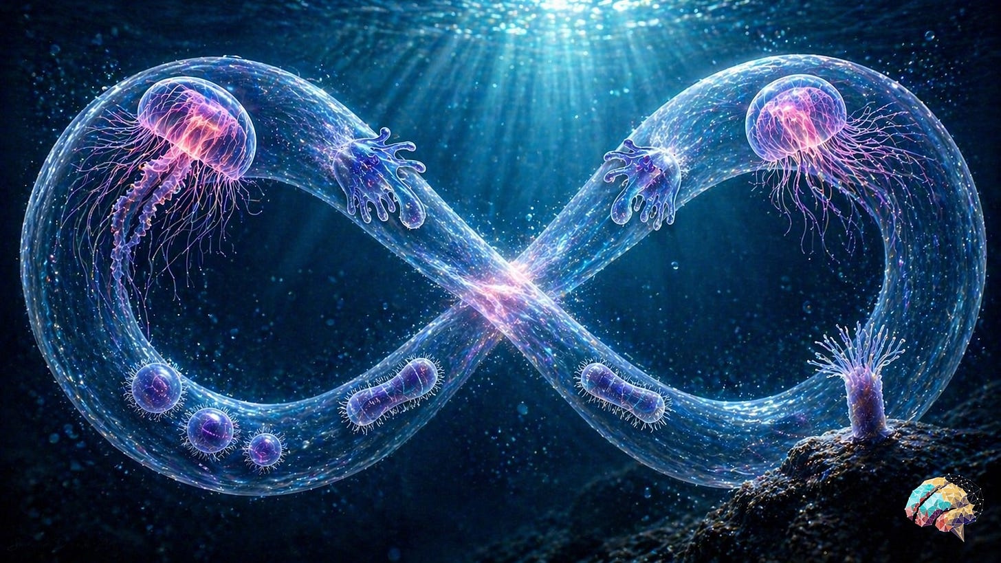 A luminous underwater scene shows a glowing infinity loop formed by translucent organic structures. Within the loop, jellyfish and smaller life forms appear at different stages of development, symbolising a continuous cycle of transformation and renewal. Soft light beams filter from the surface above, creating a calm, ethereal atmosphere.