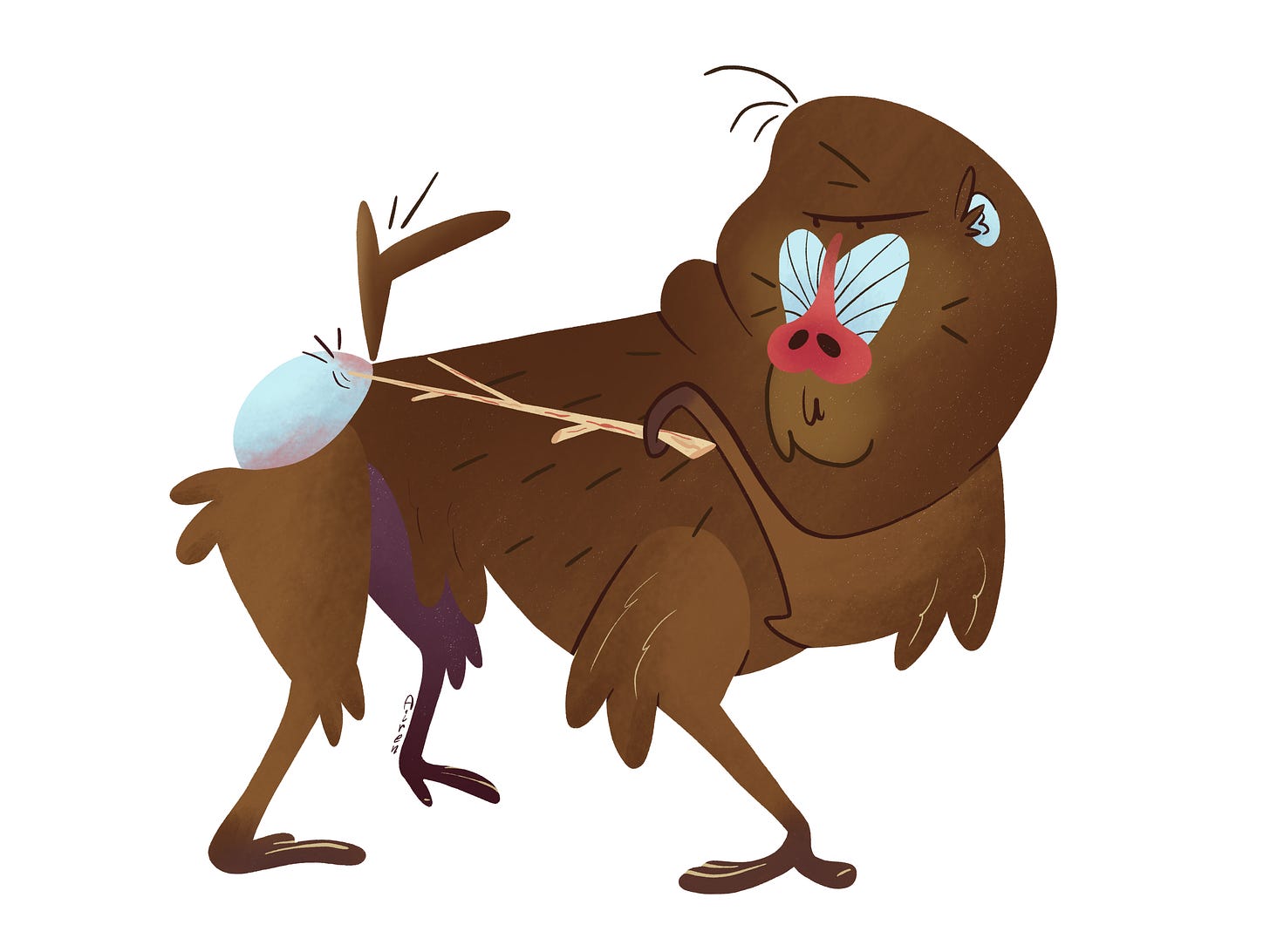 Digital drawing of a cartoon-style mandrill using a stick to scratch his butt Digital drawing of a cartoon-style mandrill using a stick to scratch his butt