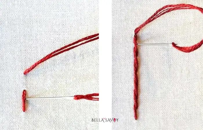 two panels: left shows vertical stem stitch with a needle going next to in on right. Right panel is an outline stitch with needle entering the top