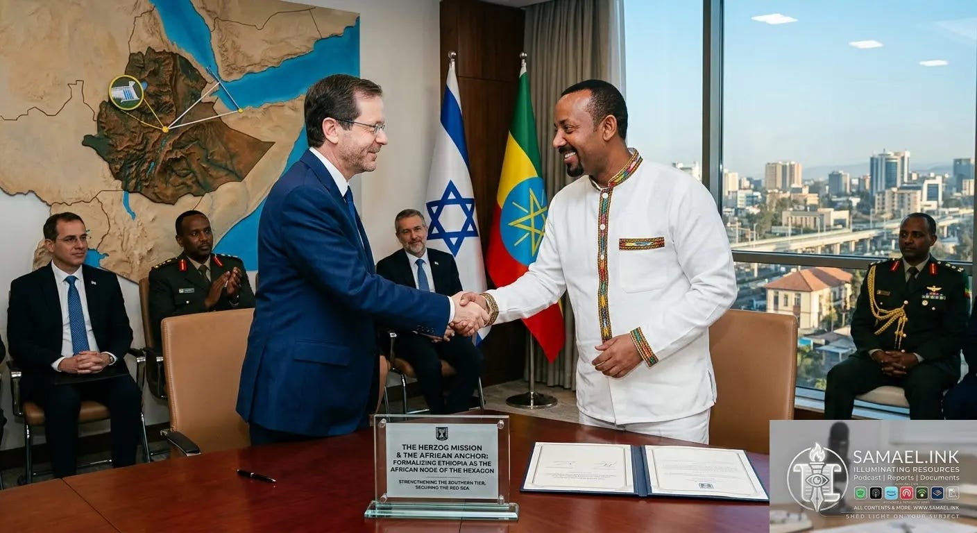An editorial photograph taken during a meeting in Addis Ababa, Ethiopia, in 2026. President Isaac Herzog of Israel and Prime Minister Abiy Ahmed of Ethiopia shake hands over a large mahogany conference table. President Herzog wears a dark blue suit; Prime Minister Abiy wears a traditional white Ethiopian suit with embroidered trim. Between them, there is a signed document and a glass plaque with the title, 'THE HERZOG MISSION & THE AFRICAN ANCHOR: FORMALIZING ETHIOPIA AS THE AFRICAN NODE OF THE HEXAGON.' Israeli and Ethiopian flags are displayed behind them, and through a large window, the skyline of Addis Ababa is visible, with modern buildings and infrastructure. Other officials and military officers observe. An editorial photograph taken during a meeting in Addis Ababa, Ethiopia, in 2026. President Isaac Herzog of Israel and Prime Minister Abiy Ahmed of Ethiopia shake hands over a large mahogany conference table. President Herzog wears a dark blue suit; Prime Minister Abiy wears a traditional white Ethiopian suit with embroidered trim. Between them, there is a signed document and a glass plaque with the title, 'THE HERZOG MISSION & THE AFRICAN ANCHOR: FORMALIZING ETHIOPIA AS THE AFRICAN NODE OF THE HEXAGON.' Israeli and Ethiopian flags are displayed behind them, and through a large window, the skyline of Addis Ababa is visible, with modern buildings and infrastructure. Other officials and military officers observe.
