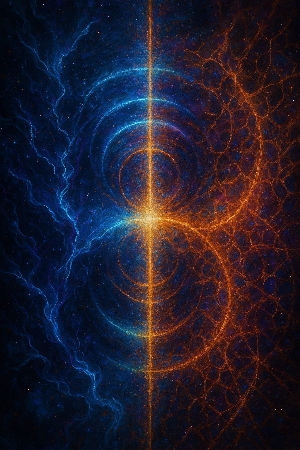 Portrait cosmic tapestry: gold-red plasma swirls around a subtle eye-shaped seam; a white-blue light thread stitches through, seeding tiny galaxies amid rippling rings.