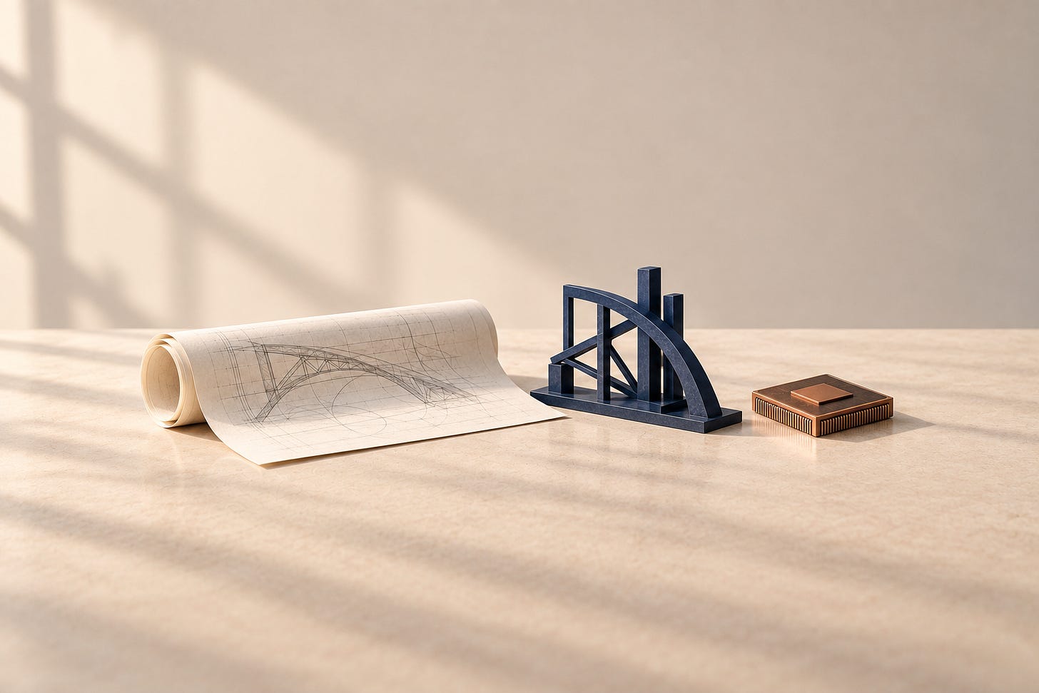 Illustration of a rolled technical drawing, a navy structural model and a copper microchip on a light workbench. Illustration of a rolled technical drawing, a navy structural model and a copper microchip on a light workbench.