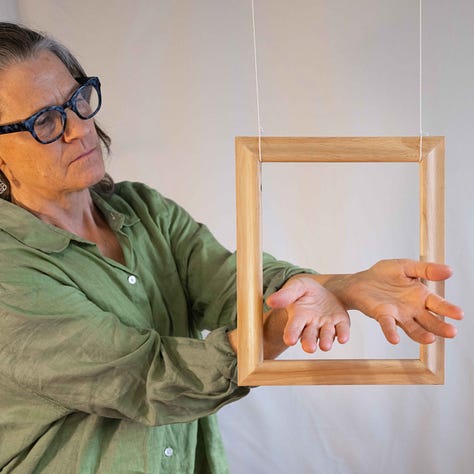 Triptych. Woman in green shirt puts her hands into a frame; layers of dried food scraps on a rack; a glass box filled with those dried scraps, mixed and mingled.