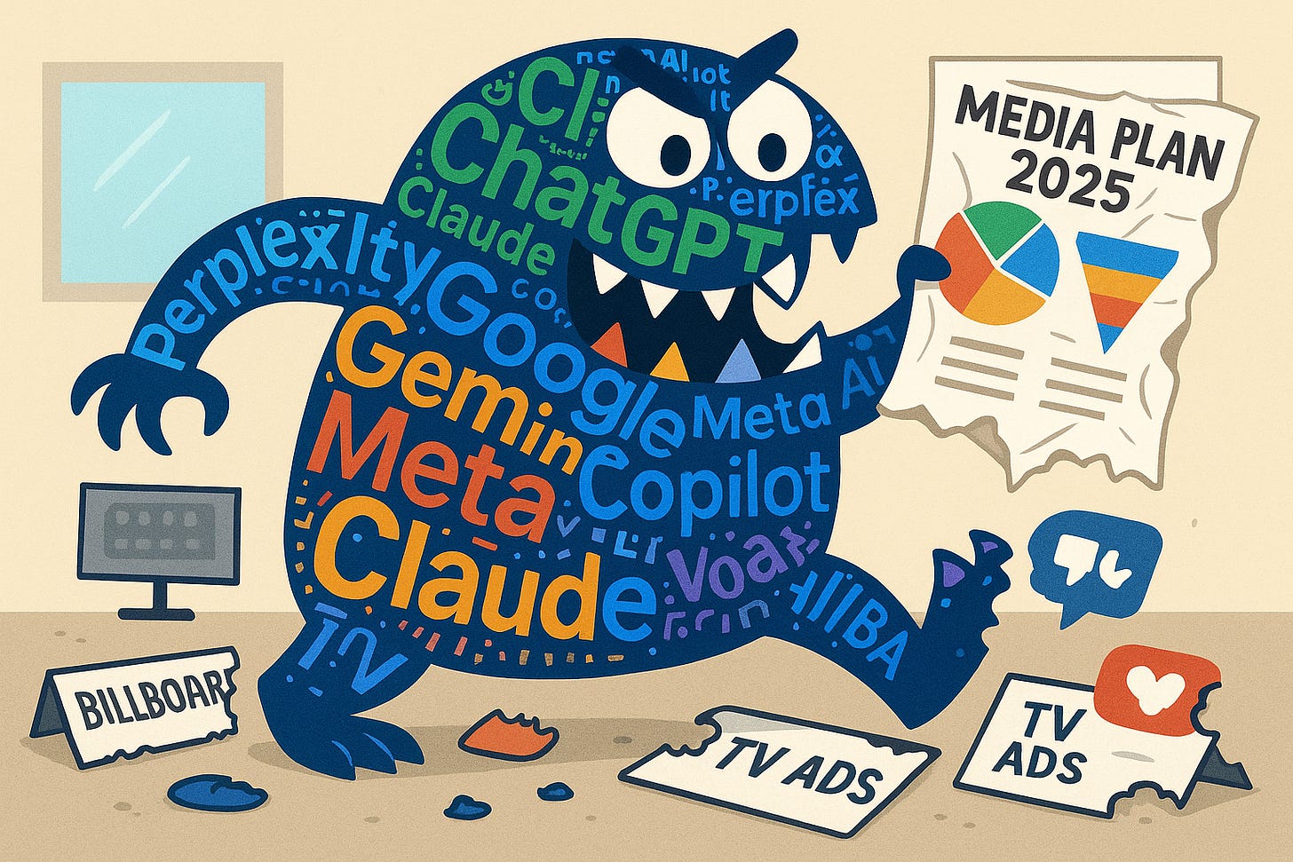 AI Word Cloud Monster eating Media Plan 2025
