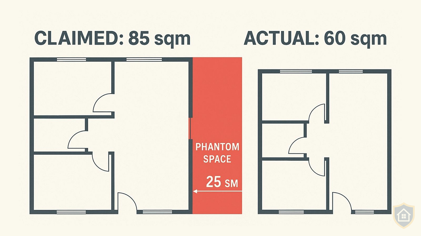 Floor plan comparison showing claimed 85 square meters versus actual 60 square meters, illustrating how contractors inflate measurements to overcharge homeowners