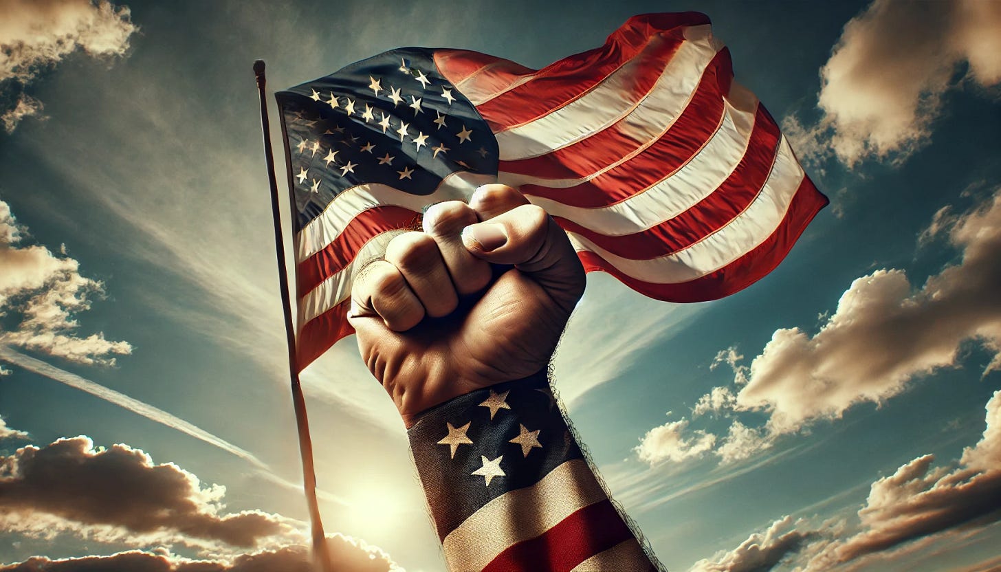 A realistic image of an American flag waving in the breeze on a clear day, with a blue sky in the background. Next to the flag is a clenched fist, symbolizing strength and unity. The image should be in a wide aspect ratio, capturing the flag and fist prominently.