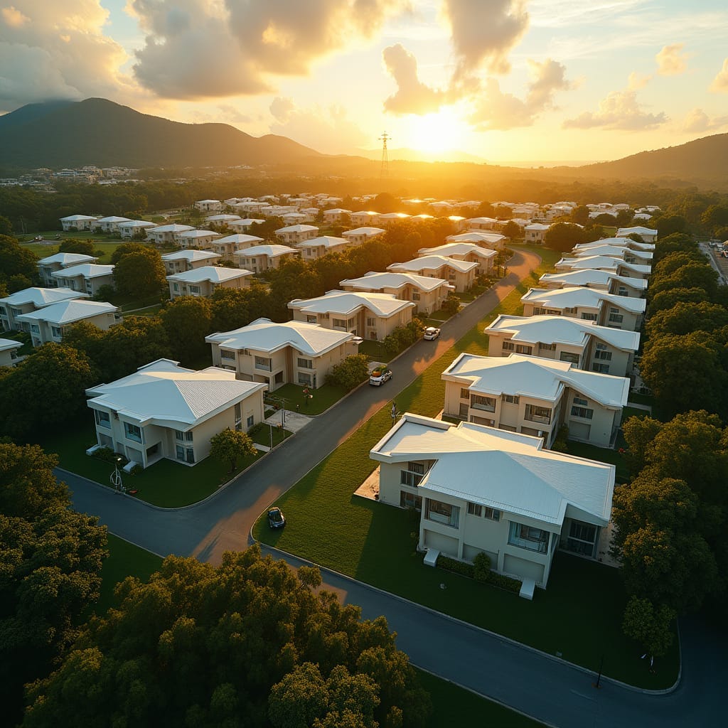 A sprawling modern prefab housing scheme in Jamaica, with rows of sleek, minimalist homes set against a lush, vibrant tropical landscape. The scene is bathed in the warm, golden light of a Caribbean sunset, with long shadows stretching across the manicured lawns and winding streets.