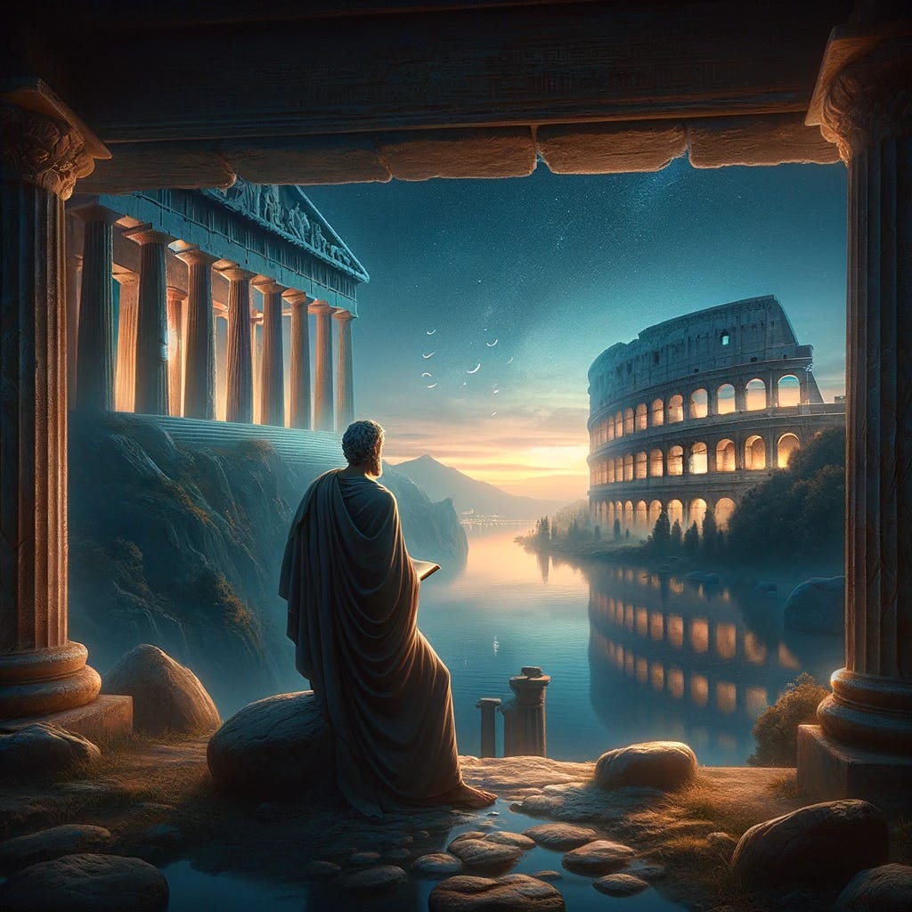 An inspirational and timeless image combining elements of ancient Greek and Roman cultures to reflect the wisdom of Plutarco. Imagine a serene landscape at dusk, where the ancient Greek Parthenon and Roman Colosseum stand side by side under a twilight sky, symbolizing the blend of cultures that Plutarco embodies. In the foreground, a solitary figure, representing Plutarco, gazes thoughtfully towards the horizon. He holds a scroll, symbolizing his contributions to philosophy, history, and ethics. The image is imbued with a sense of contemplation and timeless wisdom, inviting viewers to explore the depths of Plutarco's teachings. The overall mood is serene, with soft lighting accentuating the historical elements and the figure of Plutarco, creating a bridge between the past and the present.