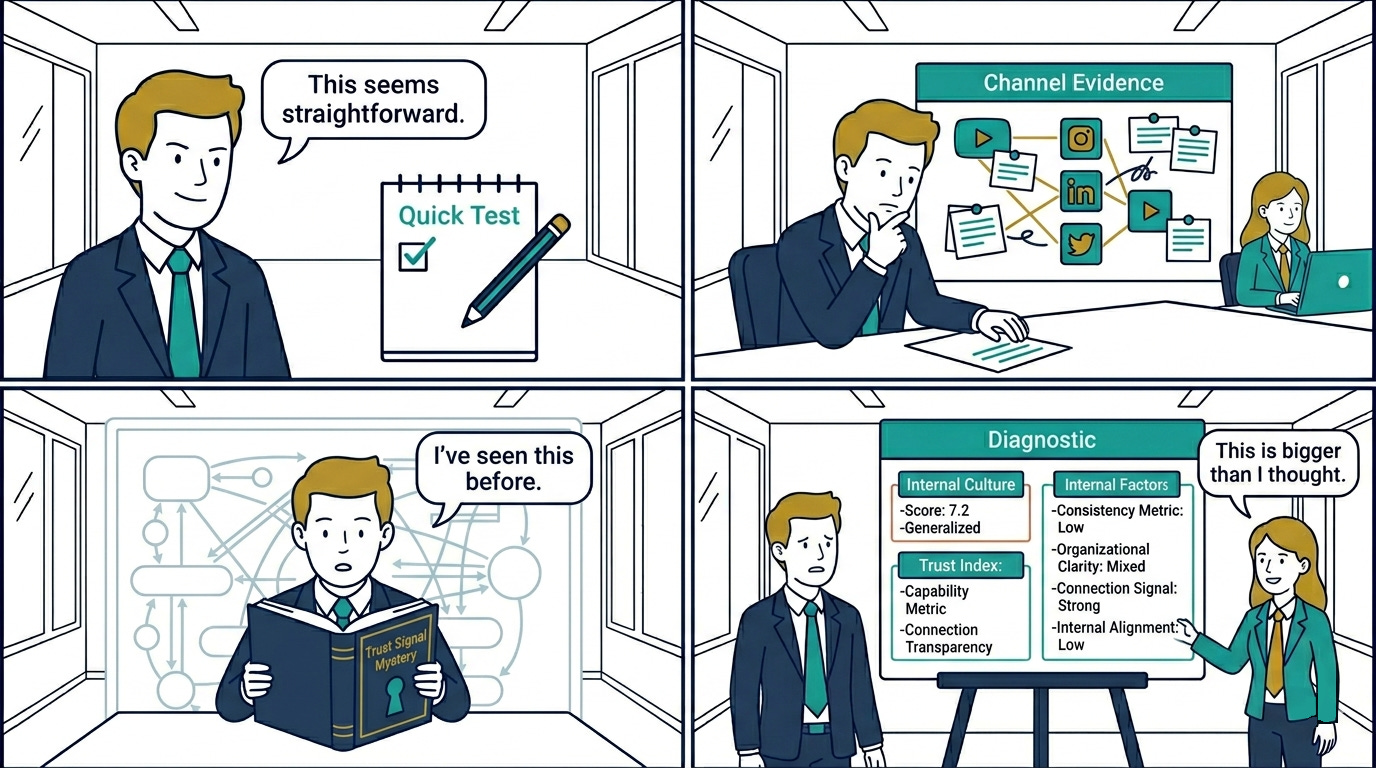 A four-panel cartoon showing a brand manager starting with a simple trust test, reviewing channel evidence, recognizing patterns while reading a book, and finally understanding a full diagnostic analysis of deeper brand issues.