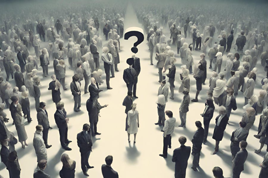 Muchas personas alrededor de un signo de interrogación 