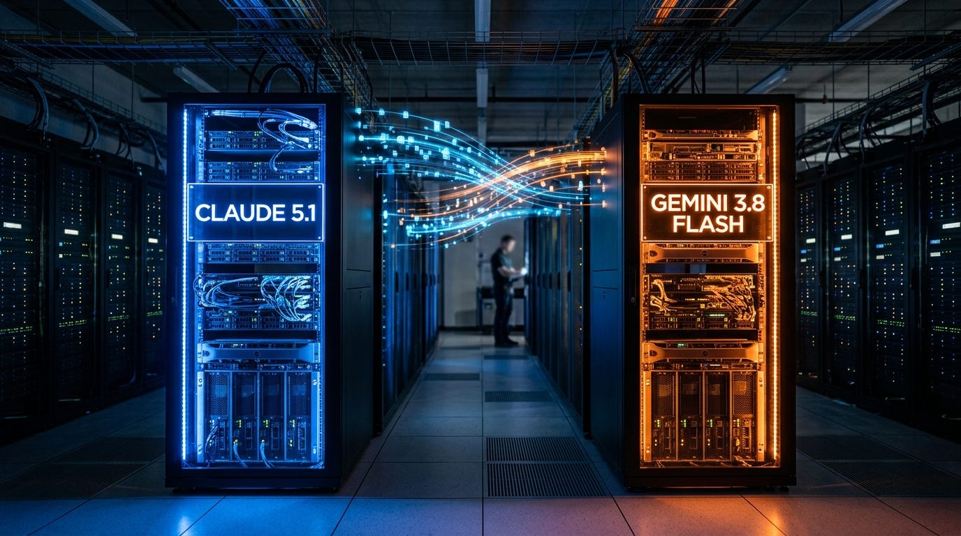 Hình ảnh hai tủ rack máy chủ hiện đại trong trung tâm dữ liệu, một bên phát sáng xanh với dòng chữ "CLAUDE 5.1", bên kia phát sáng cam với dòng chữ "GEMINI 3.8 FLASH", tượng trưng cho sự cạnh tranh công nghệ. Hình ảnh hai tủ rack máy chủ hiện đại trong trung tâm dữ liệu, một bên phát sáng xanh với dòng chữ "CLAUDE 5.1", bên kia phát sáng cam với dòng chữ "GEMINI 3.8 FLASH", tượng trưng cho sự cạnh tranh công nghệ.