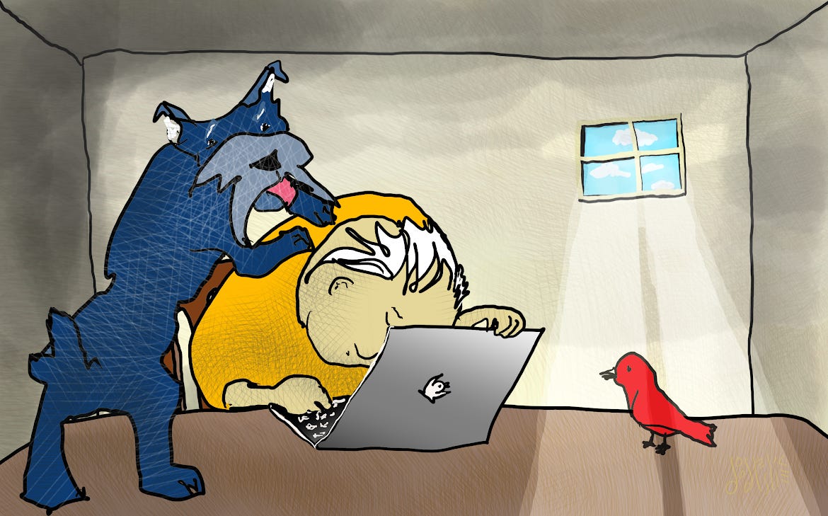 A cartoonish drawing of a person in a drab room with a tiny window. Outside is a blue sky and fluffy clouds. Light shines in from the window. The figure sits behind a laptop with a schnauzer propped up on his shoulders. There is also a red bird on the desk standing in the light shining in from the window. Art by Doodleslice 2025