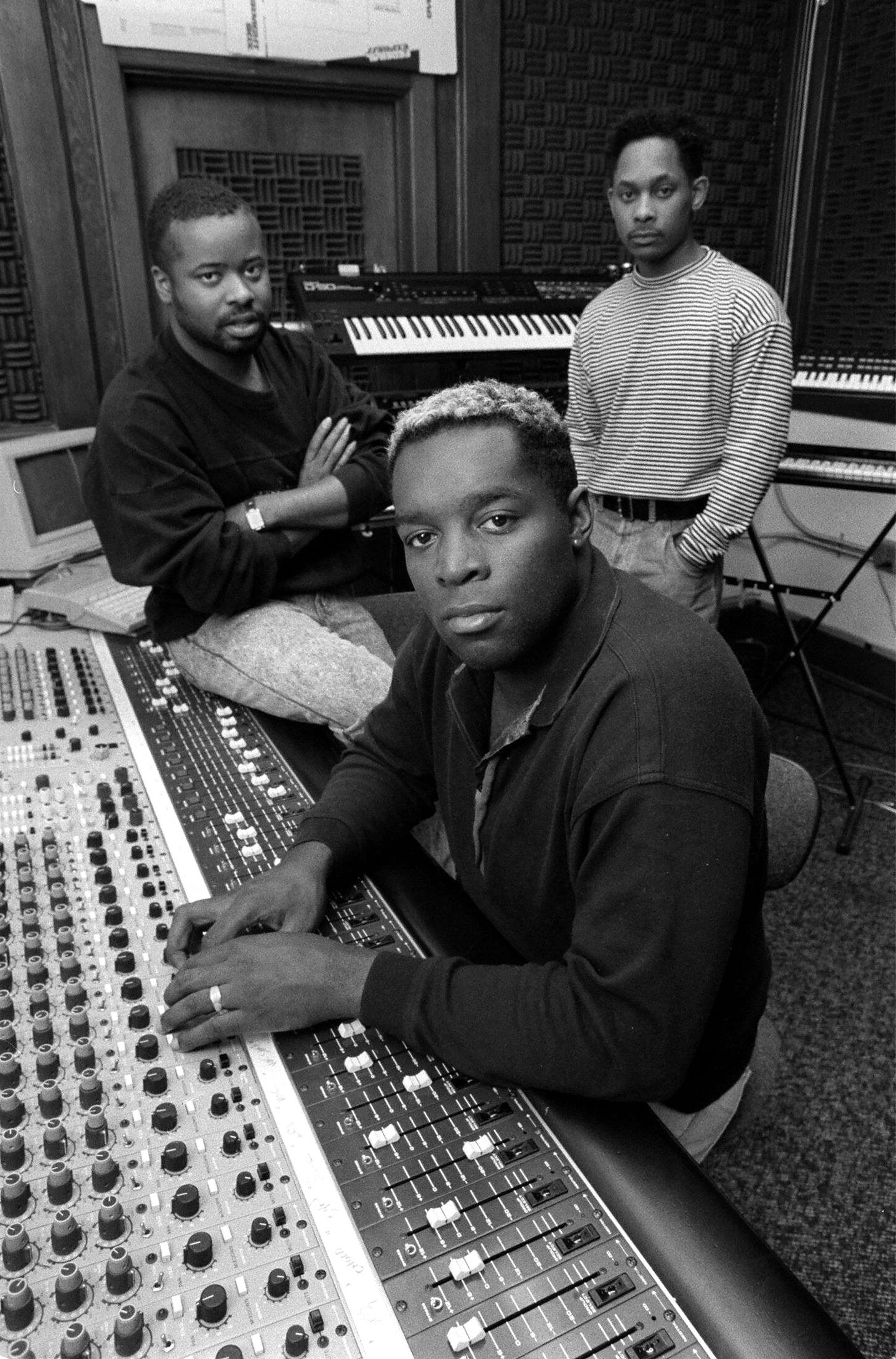 Juan Atkins Kevin Saunderson  and Derrick May all of Detroit pose in a Powerhouse Studios recording room