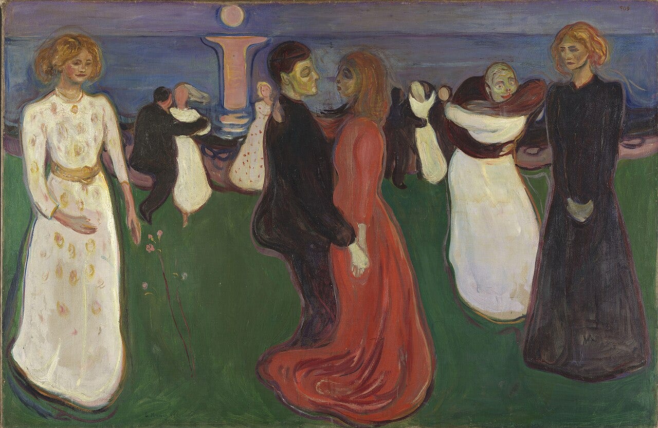 Edvard Munch, The Dance of Life: a couple dances on the shore under a column of moonlight, with a woman in white on the left and a woman in black on the right Edvard Munch, The Dance of Life: a couple dances on the shore under a column of moonlight, with a woman in white on the left and a woman in black on the right