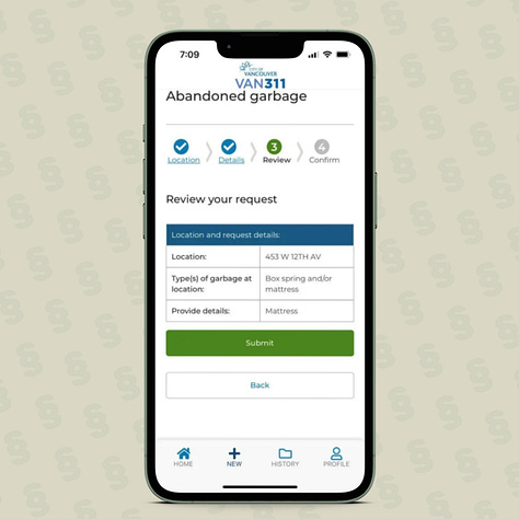 Three screenshots of Vancouver's 3-1-1 iOS Mobile App