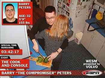 [Image shows a satirical sports broadcast graphic in the style of ESPN, featuring a man and woman in a kitchen preparing food, with various on-screen statistics and information overlays]  BARRY PETERS; AGE: 32; 5'9"; 155 lbs; SPECIAL TIME REMAINING; 03:42:17; EVENT; THE COOK AND CONSOLE; WESM presented by VOLVO; BARRY "THE COMPROMISER" PETERS; ESPN.