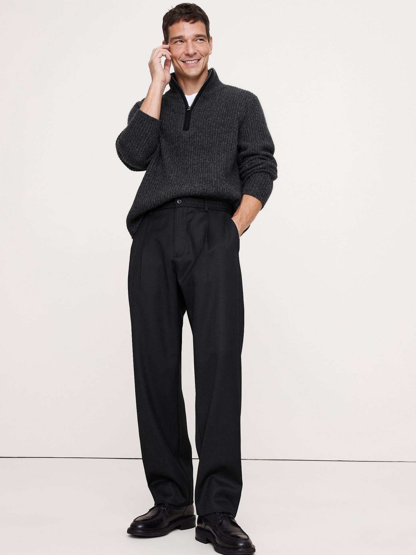 Relaxed Pleated Pull-On Twill Dress Pant
