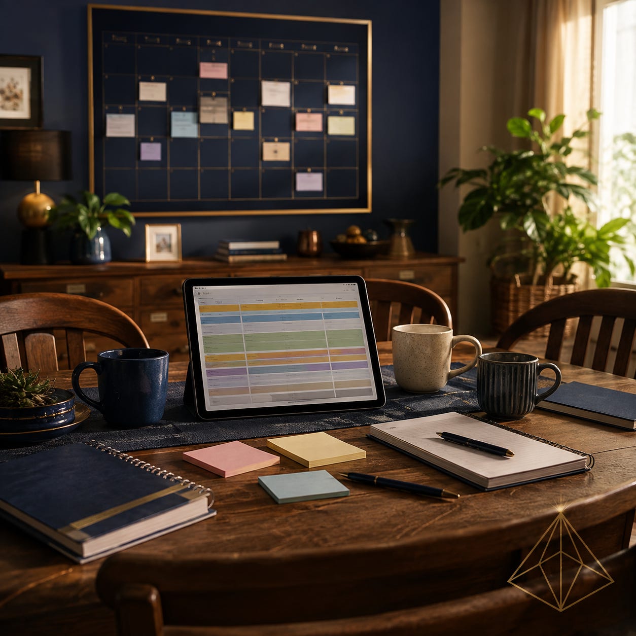 The Visible Practitioner build post for a blended-family bonding system, August 2026. A dining table set for a weekly family meeting with a shared calendar and a tablet showing a tidy database grid, representing a family week the kids helped plan. The Visible Practitioner build post for a blended-family bonding system, August 2026. A dining table set for a weekly family meeting with a shared calendar and a tablet showing a tidy database grid, representing a family week the kids helped plan.