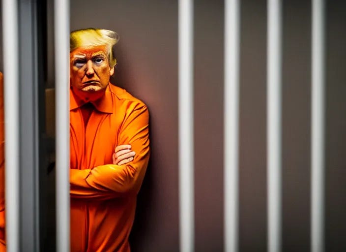 Prompt: photo of donald trump sitting in a jail cell wearing an orange jumpsuit bars in the foreground, 8 k, 8 5 mm f 1. 8 Prompt: photo of donald trump sitting in a jail cell wearing an orange jumpsuit bars in the foreground, 8 k, 8 5 mm f 1. 8