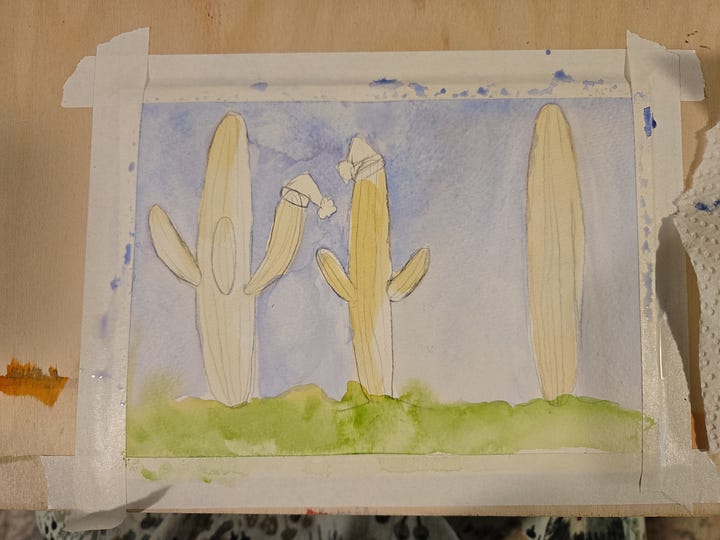 Step-by-step watercolor cactus painting progression with Santa hats, from pencil sketch outlines to colorful finished holiday cactus illustration.