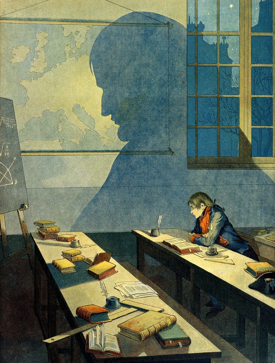 Napoleón I Bonaparte (1769-1821) estudiando en la Real Escuela Militar de Brienne. Su sombra cae sobre el mapa geográfico de Europa. Ilustración de Jacques Marie Gaston Onfray de Breville dit JOB de pseudonym for Onfray de Breville Jacques Job