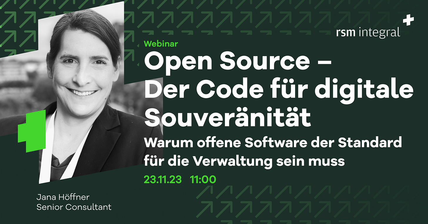 Banner: Webinar Open Source, Der Code für digitale Souveränität. Warum offene Software der Standard für die Verwaltung sein muss. 23. November 2023, 11 Uhr.
