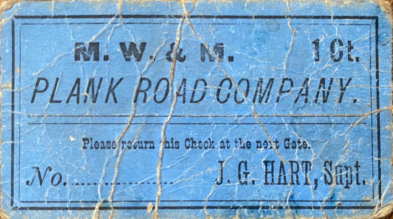 a ticket for a toll plank road from circa 1870