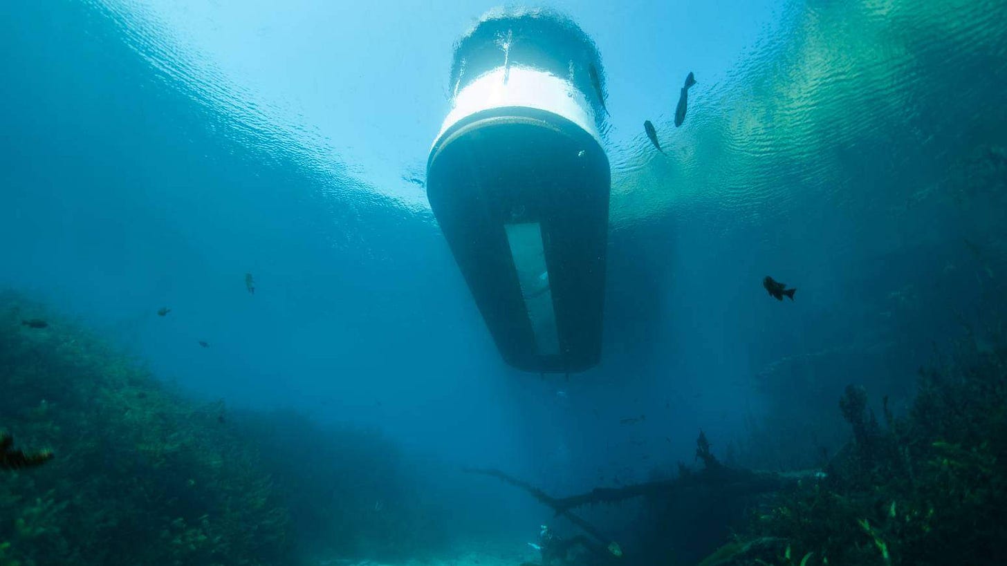 Glass bottom boat viewed from underwater in Spring Lake Texas showing light through hull
