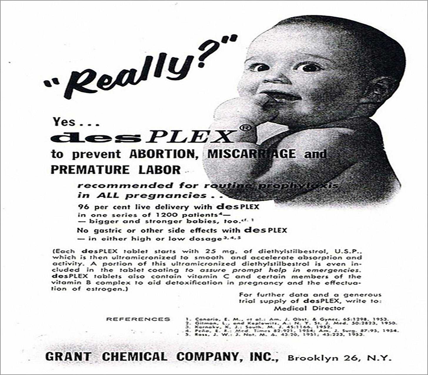 Advertisement promoting Diethylstilbestrol (DES), a synthetic estrogen prescribed to prevent miscarriage.