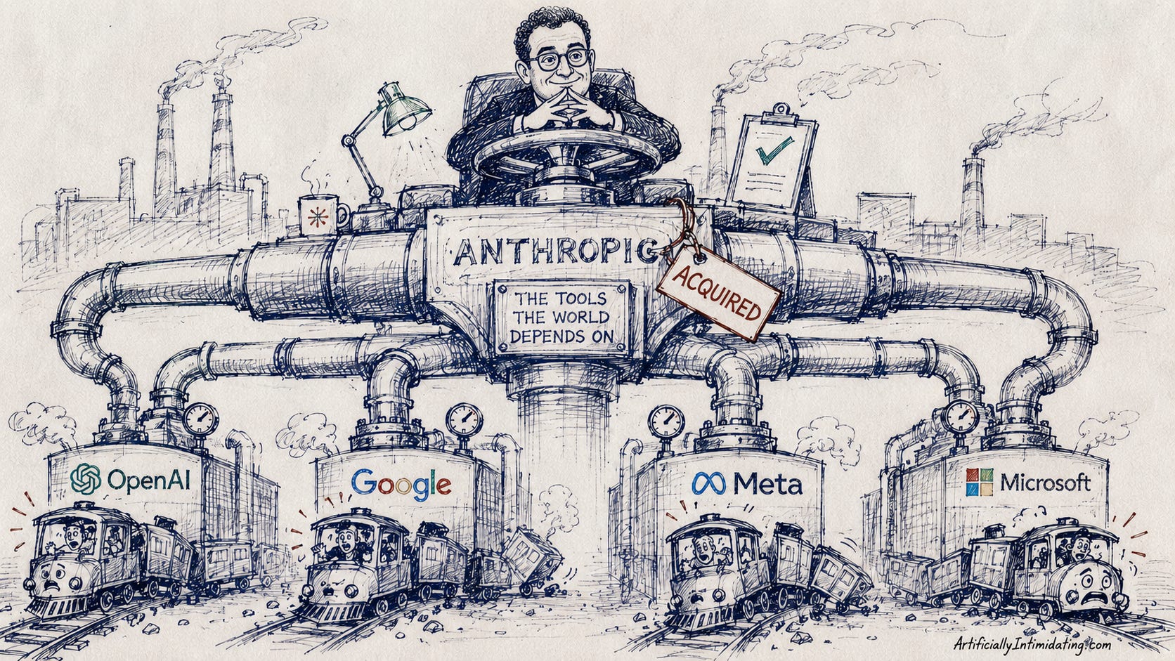 AI-generated editorial cartoon drawn as a messy blue-ink sketch on textured white paper. A giant industrial pipeline system labeled Anthropic sits at the center of the image, controlled by a figure resembling Anthropic CEO Dario Amodei seated confidently above a massive valve wheel. Thick pipes branch outward into giant tanks marked with OpenAI, Google, Meta, and Microsoft logos. Below each tank, small train cars carrying worried passengers derail or crash as the infrastructure beneath them destabilizes. Steam rises from the factories while gauges, valves, and tangled pipes emphasize dependency on the central system. The composition uses loose hand-drawn lines, slight ink bleed, and a small “ArtificiallyIntimidating.com” signature in the corner.