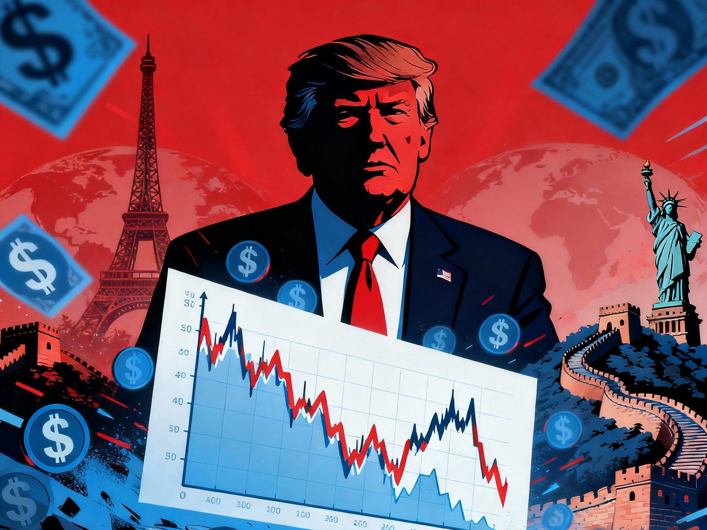 16:9 illustration of market turmoil with US dollar, Trump, tariffs, global market icons.