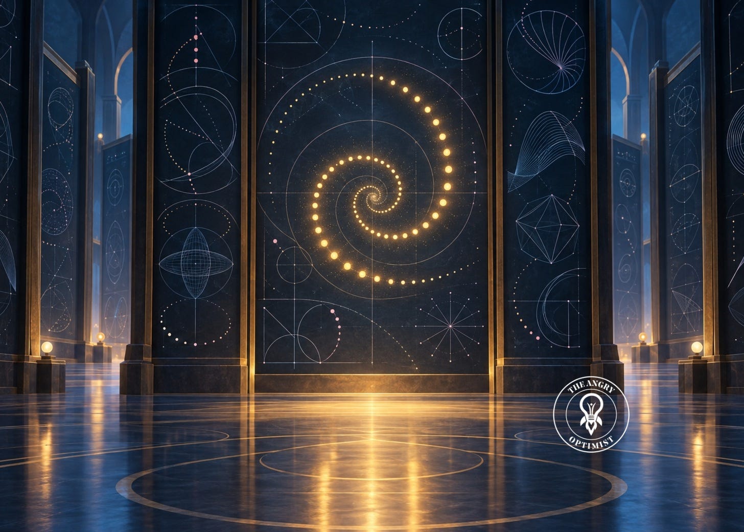 En stor sal med mörka tavlor fulla av geometriska figurer och en lysande gyllene spiral i mitten
