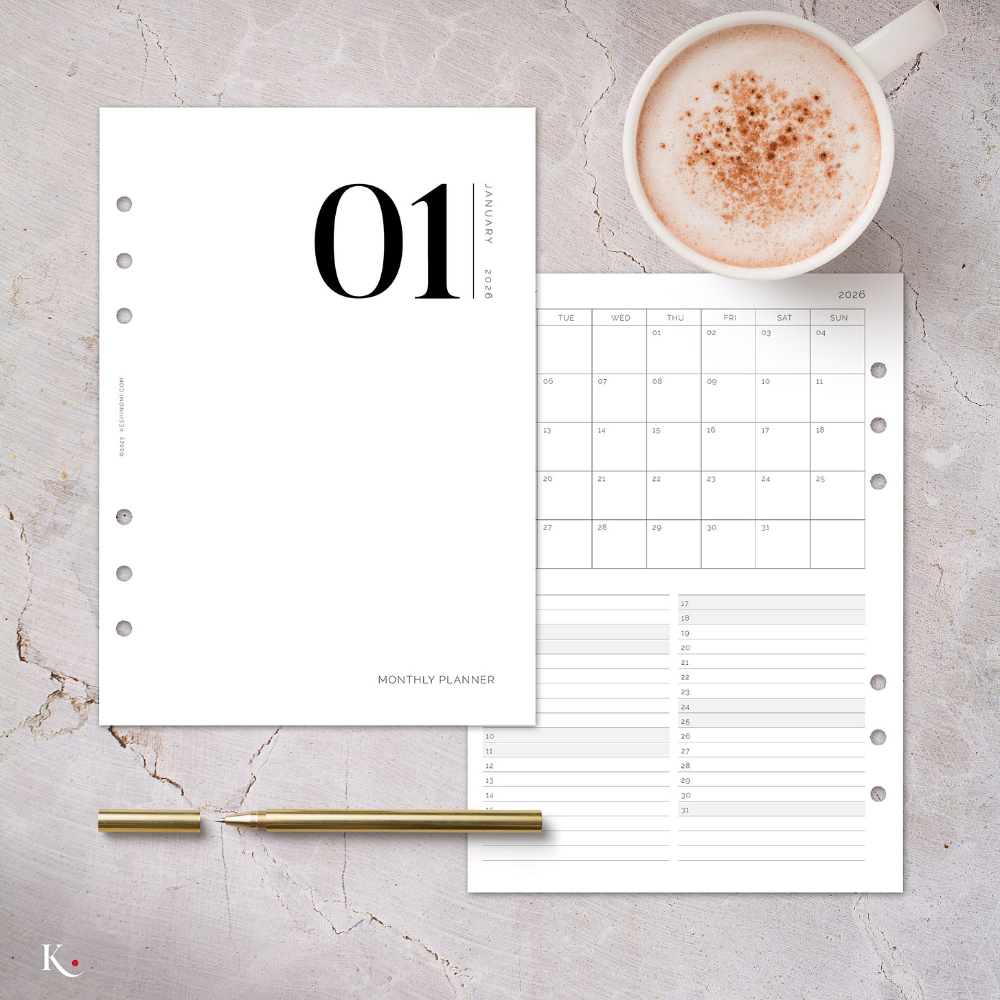 Monthly Overview (featuring a calendar grid and monthly log on one page)