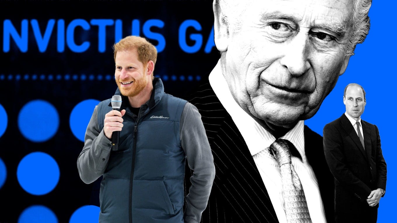 A photo illustration of Prince Harry, Prince William and King Charles