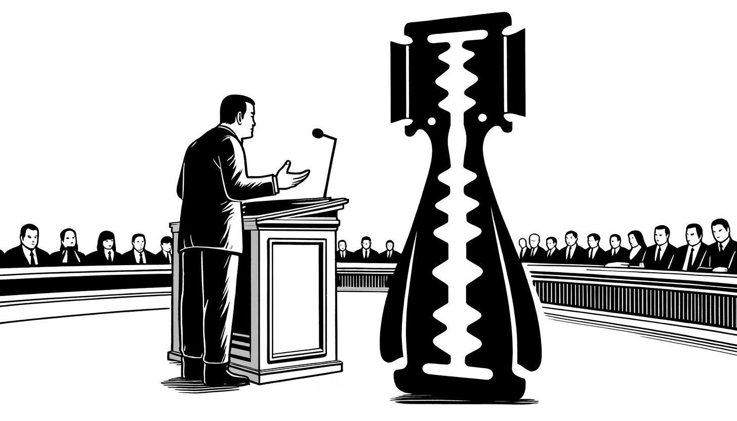 Não foi fornecido texto alternativo para esta imagemIlustração de um advogado discursando em tribunal diante de uma figura simbólica em forma de navalha, representando o uso das “navalhas da lógica” na construção de argumentos jurídicos claros e eficazes.